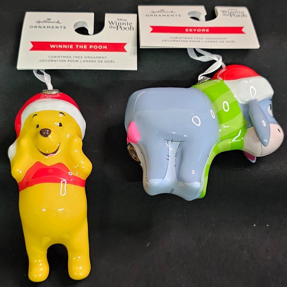 Disney Winnie The Pooh+Eeyore Santa Hallmark Decoupage Christmas Ornaments NIB
